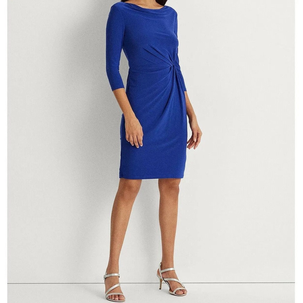 Lauren Ralph Lauren Women Blue 3/4 Sleeve Twist Feminine classic Sheath Dress 14